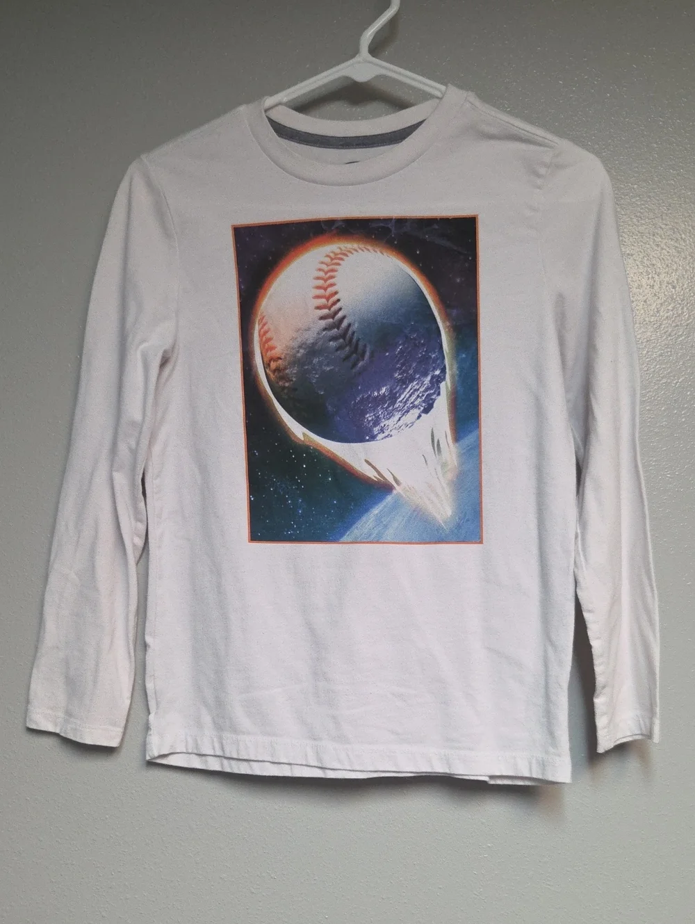 Old Navy White Long-Sleeve Tee with Space Baseball Graphic